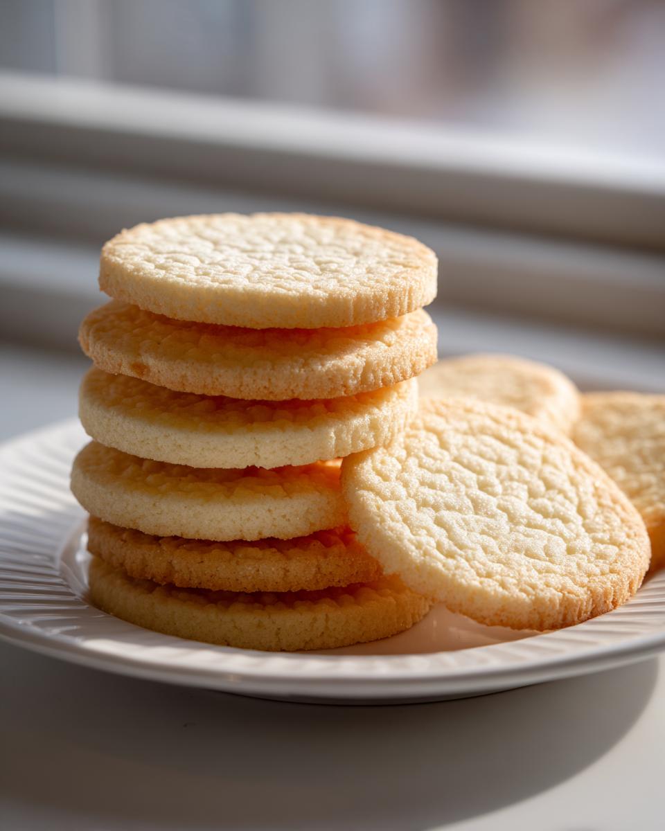A stack of five golden brown, round sugar cookies resting on a white plate, illuminated by soft window light.