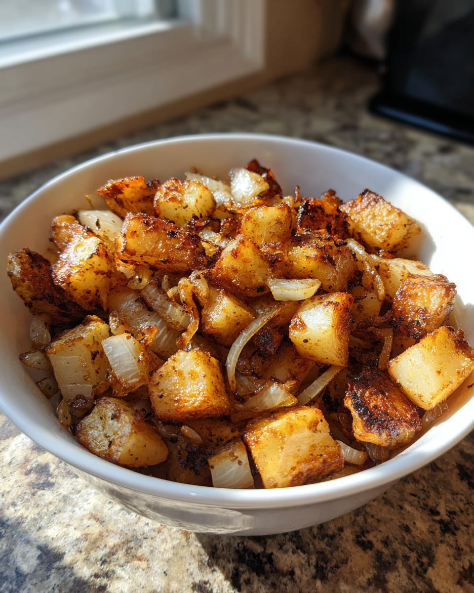 A white bowl filled with perfectly seasoned, golden brown fried potatoes and caramelized onions, highlighted by sunlight.