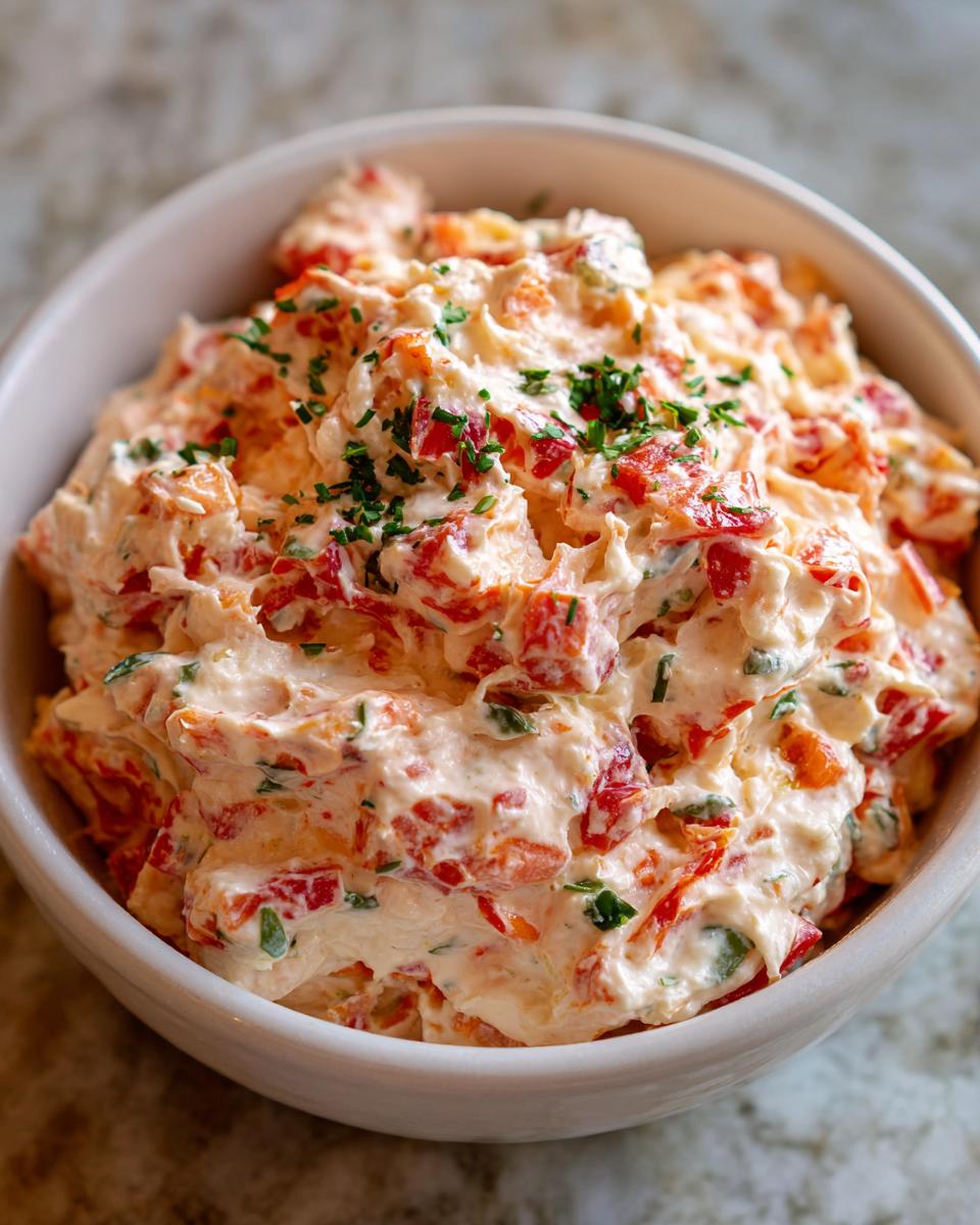Close-up of creamy, chunky boat dip mixed with red peppers and topped with fresh chives in a white bowl.