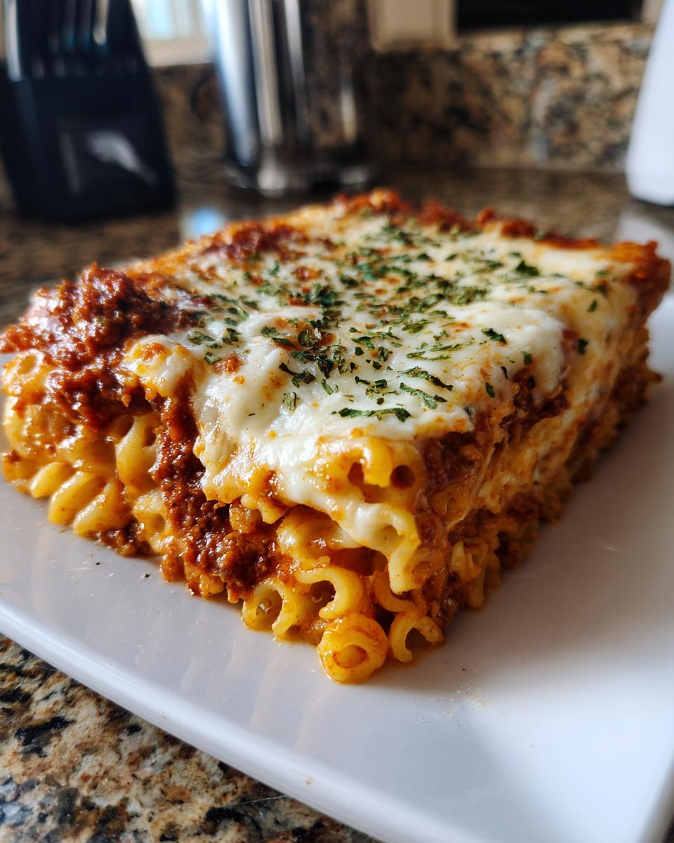 Close-up of a thick slice of cheesy, saucy pasta bake topped with melted mozzarella and dried herbs.