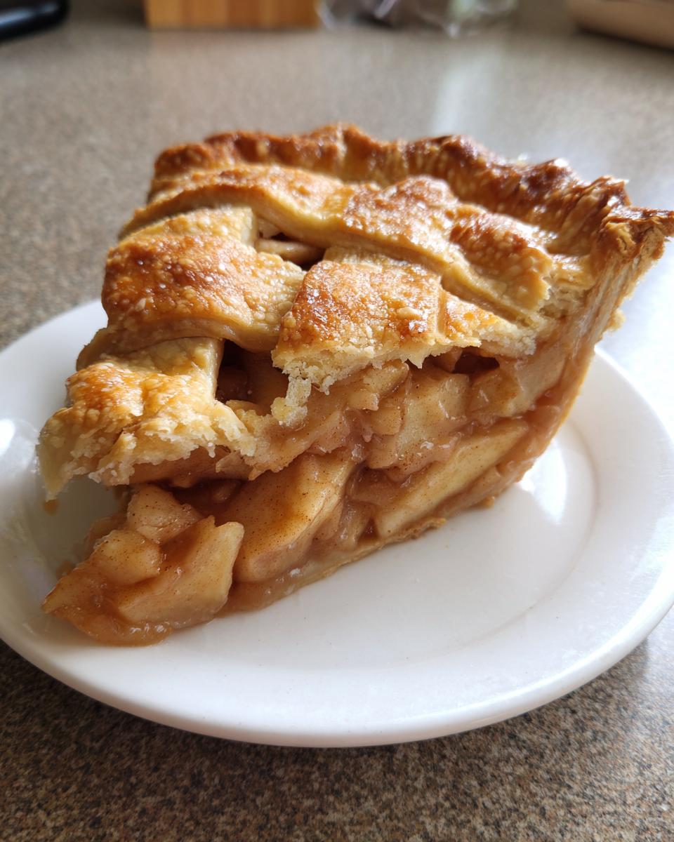A close-up of a thick slice of amazing apple pie featuring a golden lattice crust and visible cinnamon-spiced apple filling.