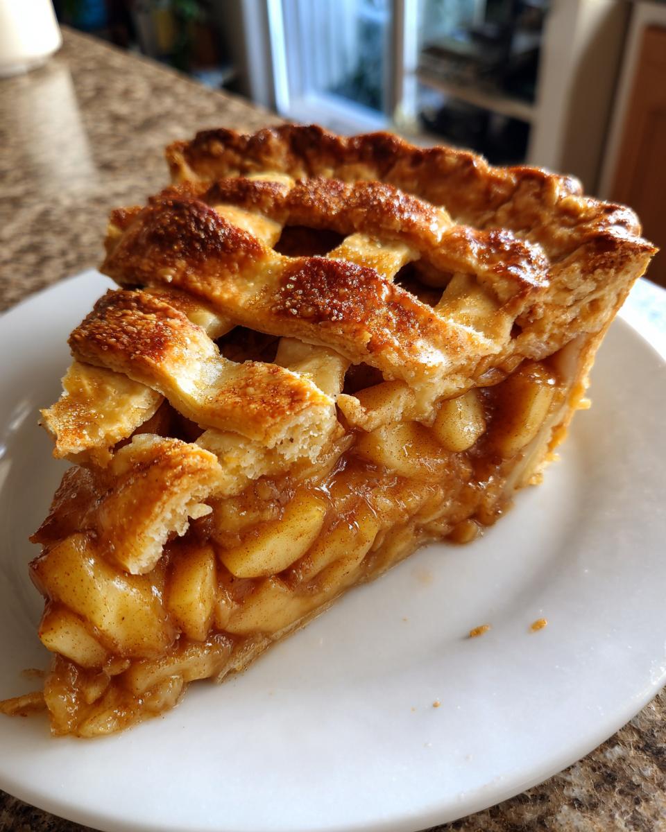 Close-up of a thick slice of amazing apple pie featuring a golden lattice crust and caramelized apple filling.