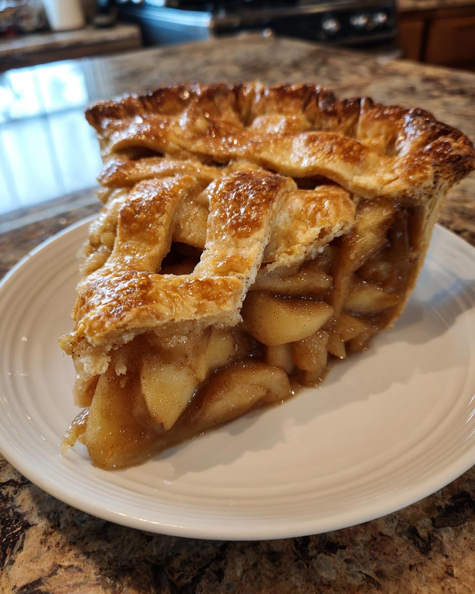 A close-up of a generous slice of amazing apple pie featuring a golden lattice crust and thick, spiced apple filling.