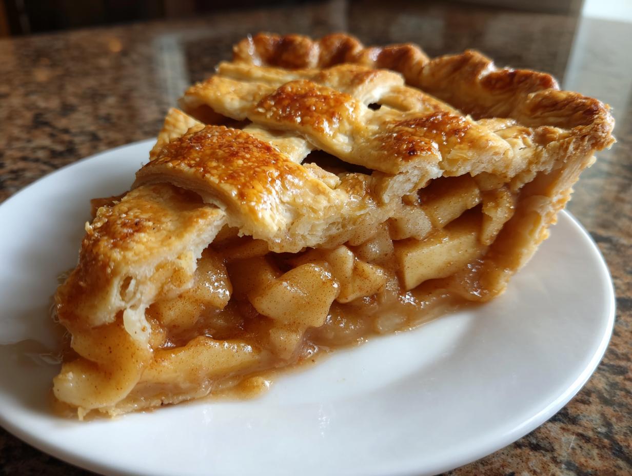 Close-up of a thick slice of amazing apple pie showing chunky filling and a golden, flaky lattice crust.