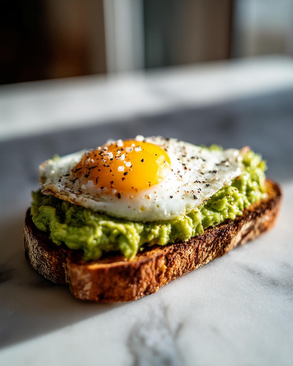 Close-up of delicious avocado toast topped with a sunny-side-up egg, salt, and pepper.