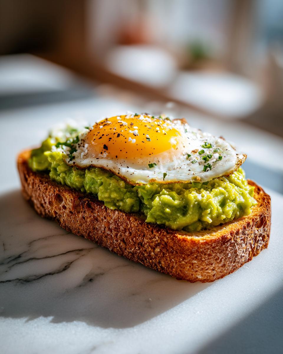 A perfect slice of avocado toast topped with mashed avocado and a sunny-side-up fried egg seasoned with pepper.