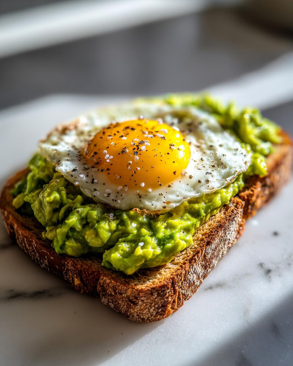 Close-up of perfectly seasoned avocado toast topped with a sunny-side-up fried egg.