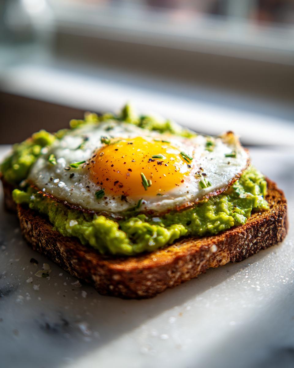 Close-up of creamy avocado toast topped with a sunny-side-up fried egg, seasoned with salt and chives.