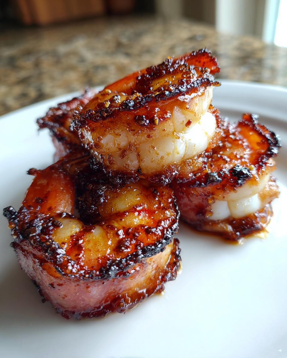 Three perfectly cooked, caramelized bacon wrapped shrimp stacked on a white plate.
