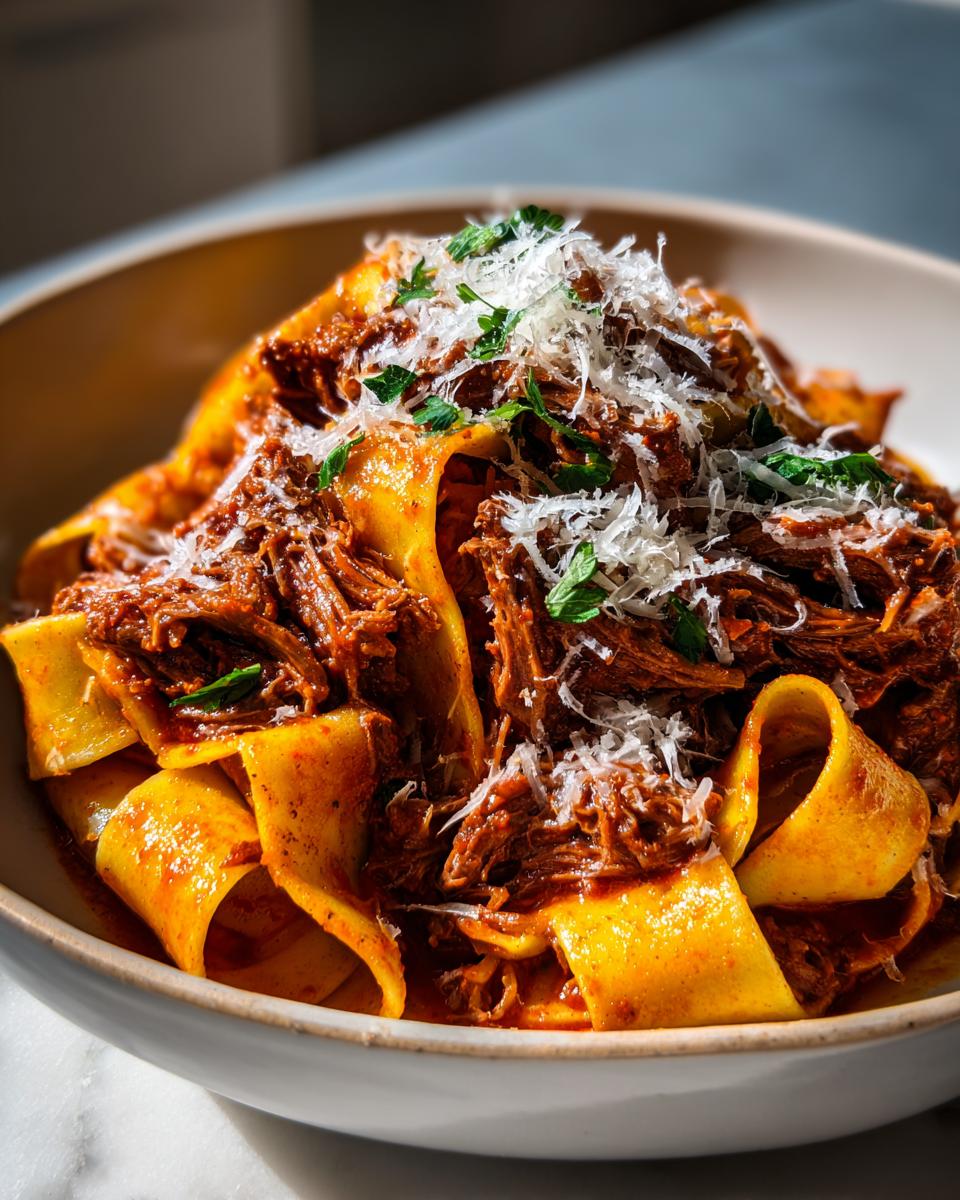 Close-up of pappardelle pasta generously topped with rich, shredded beef ragu and grated Parmesan cheese.