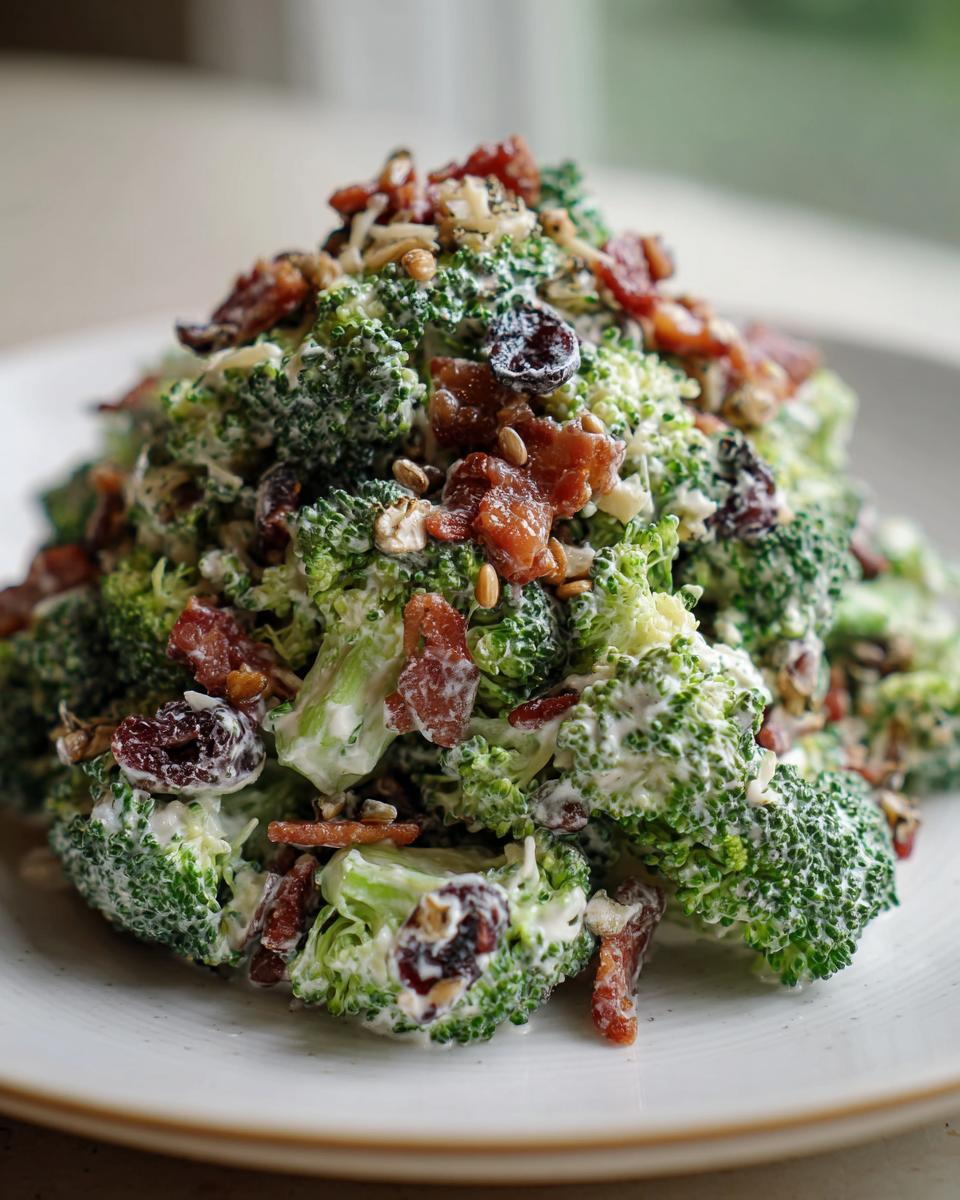 A close-up mound of creamy broccoli salad mixed with bacon bits, dried cranberries, and sunflower seeds.