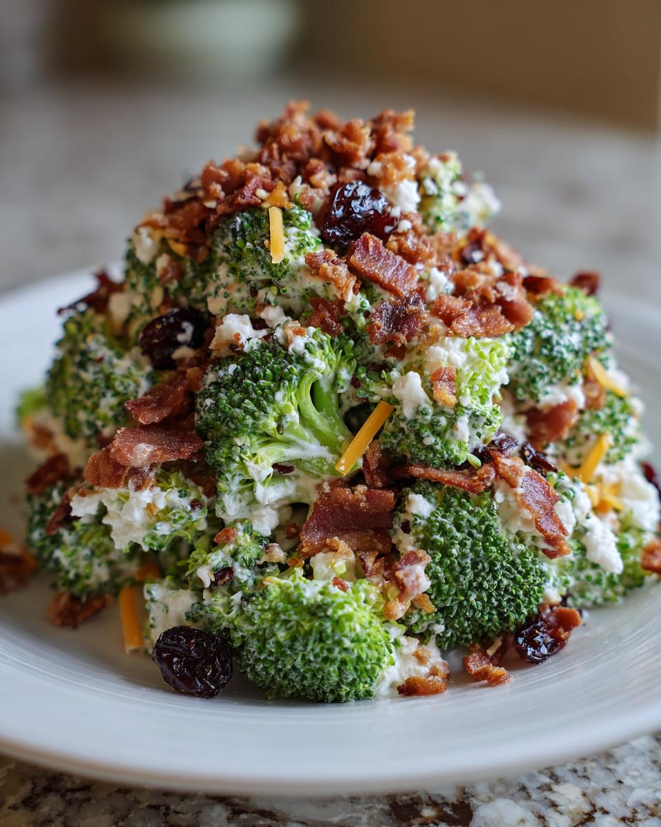A mound of creamy broccoli salad topped generously with crumbled bacon, dried cranberries, and shredded cheese.