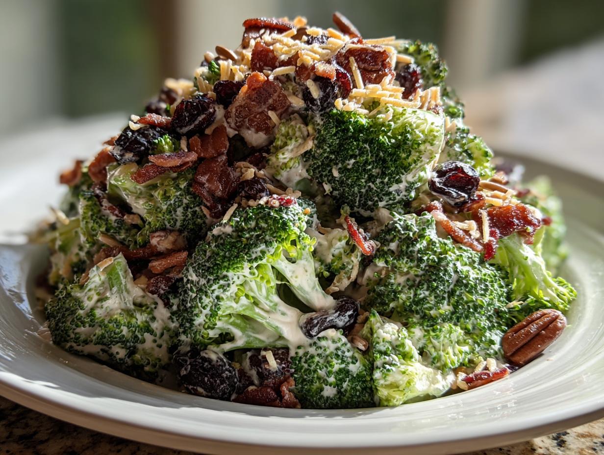 Close-up of a mound of creamy broccoli salad topped with bacon, dried cranberries, shredded cheese, and sunflower seeds.