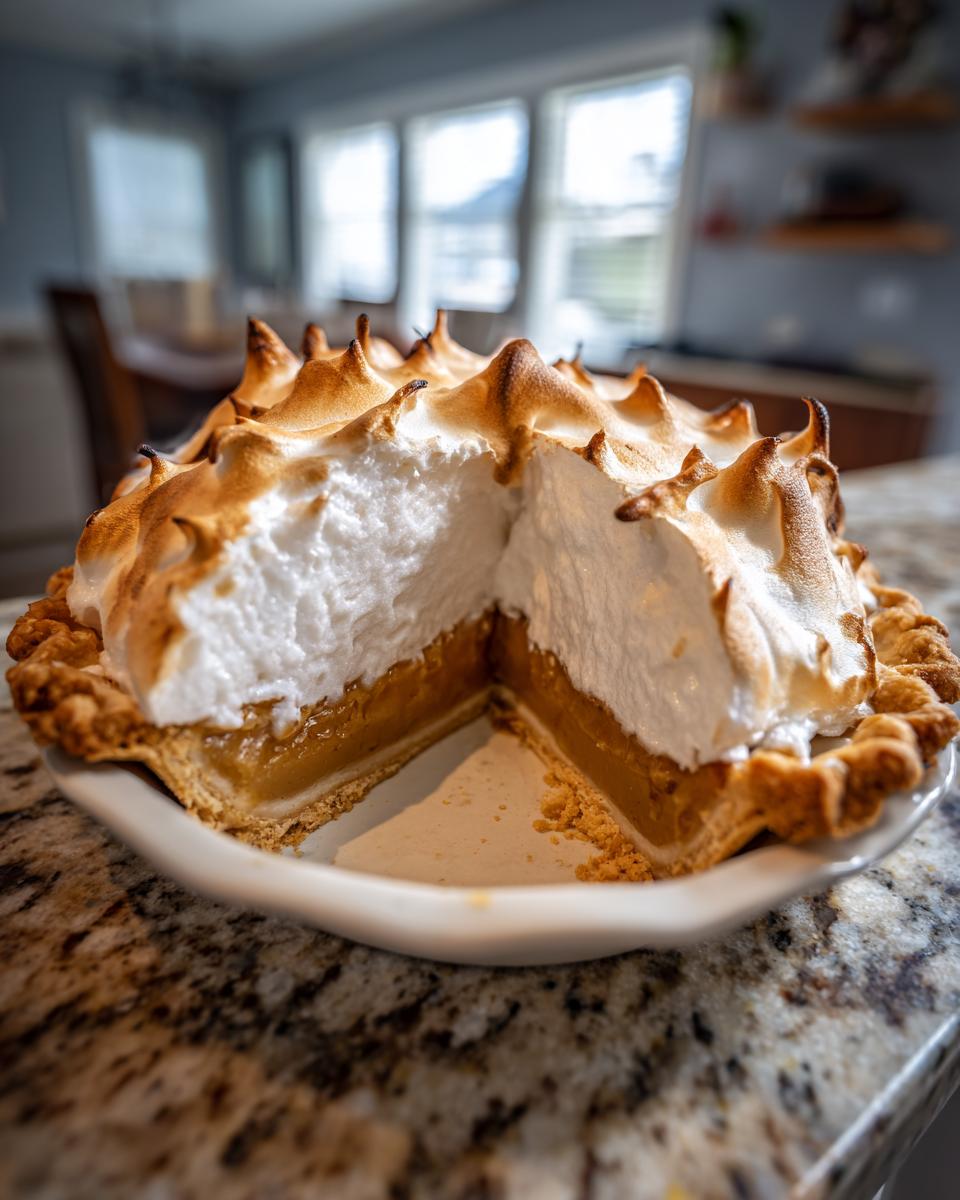 A whole butterscotch pie with a slice removed, showing the thick, golden filling and tall, toasted meringue topping.