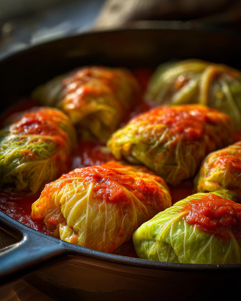 Close-up of several homemade cabbage rolls simmering in a rich tomato sauce in a dark skillet.