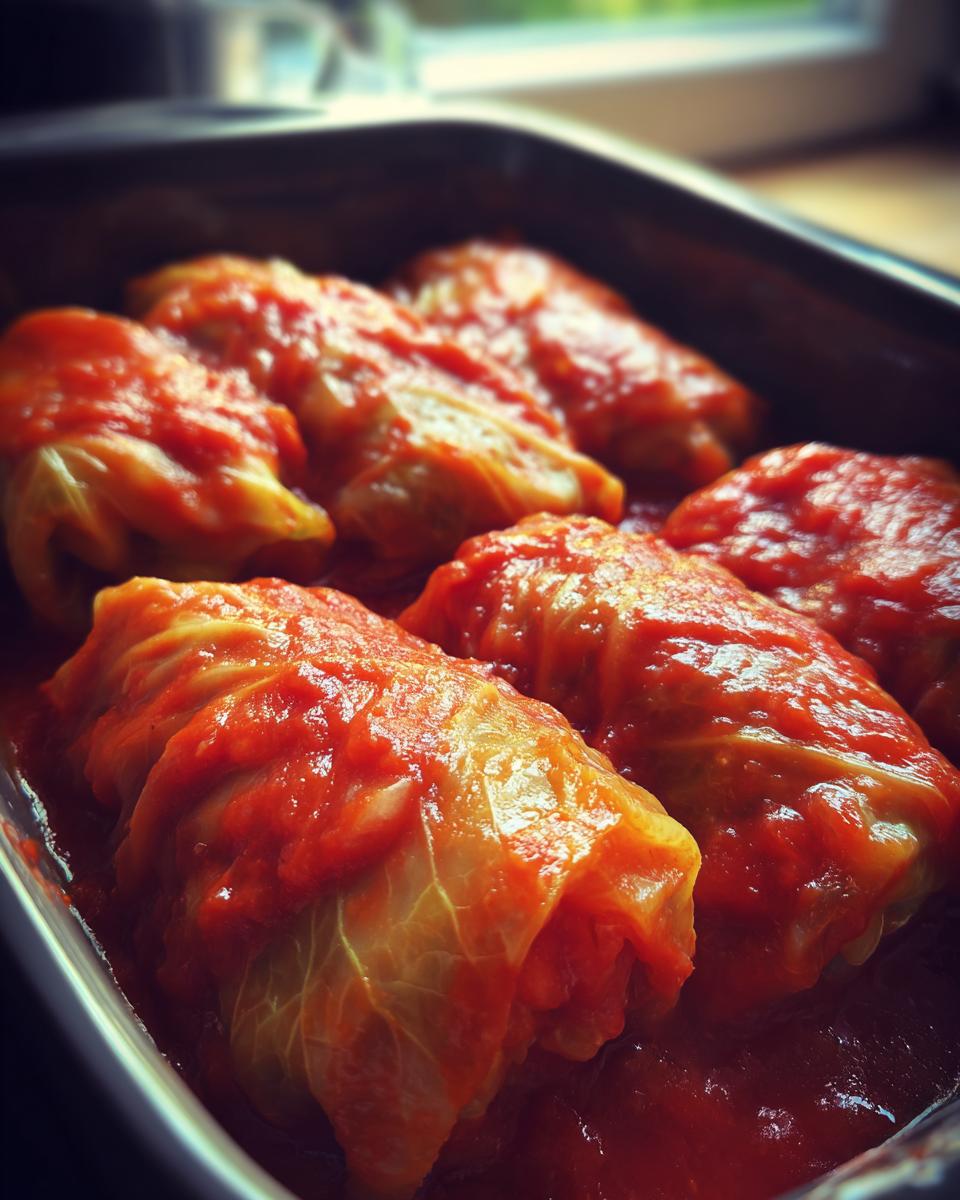Close-up of several homemade cabbage rolls simmering in a rich, bright red tomato sauce in a baking dish.