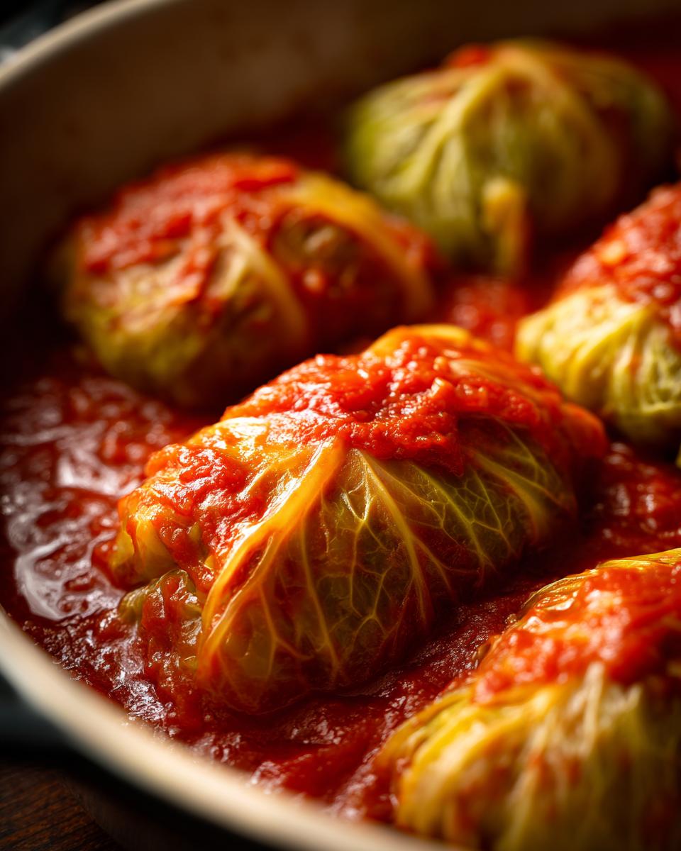 Close-up shot of several savory cabbage rolls simmering in a rich, bright red tomato sauce in a cooking pot.