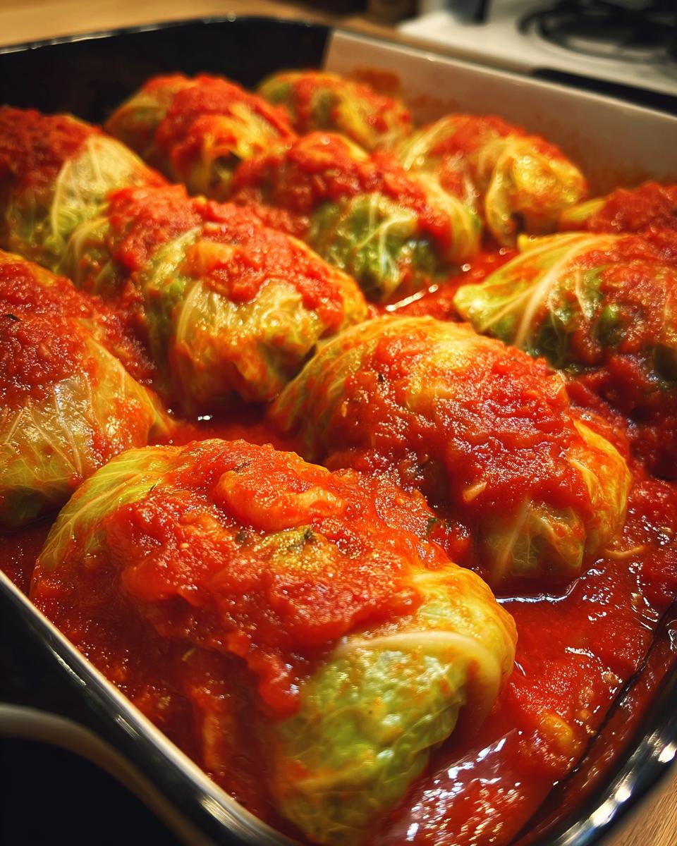 Close-up of baked cabbage rolls nestled in a baking dish, generously covered in rich tomato sauce.