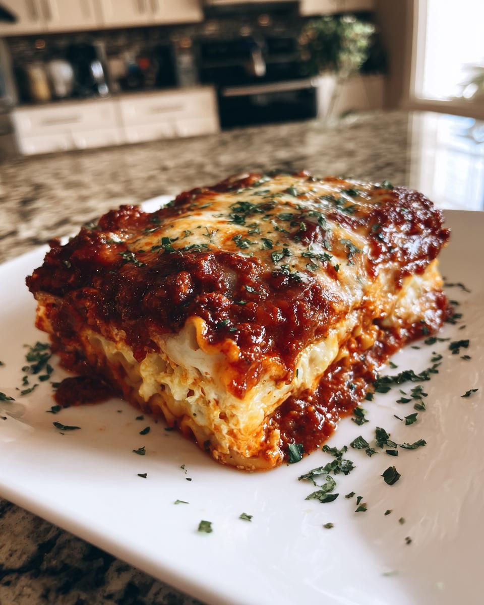 A generous slice of cheesy, saucy pasta bake topped with melted cheese and fresh parsley.