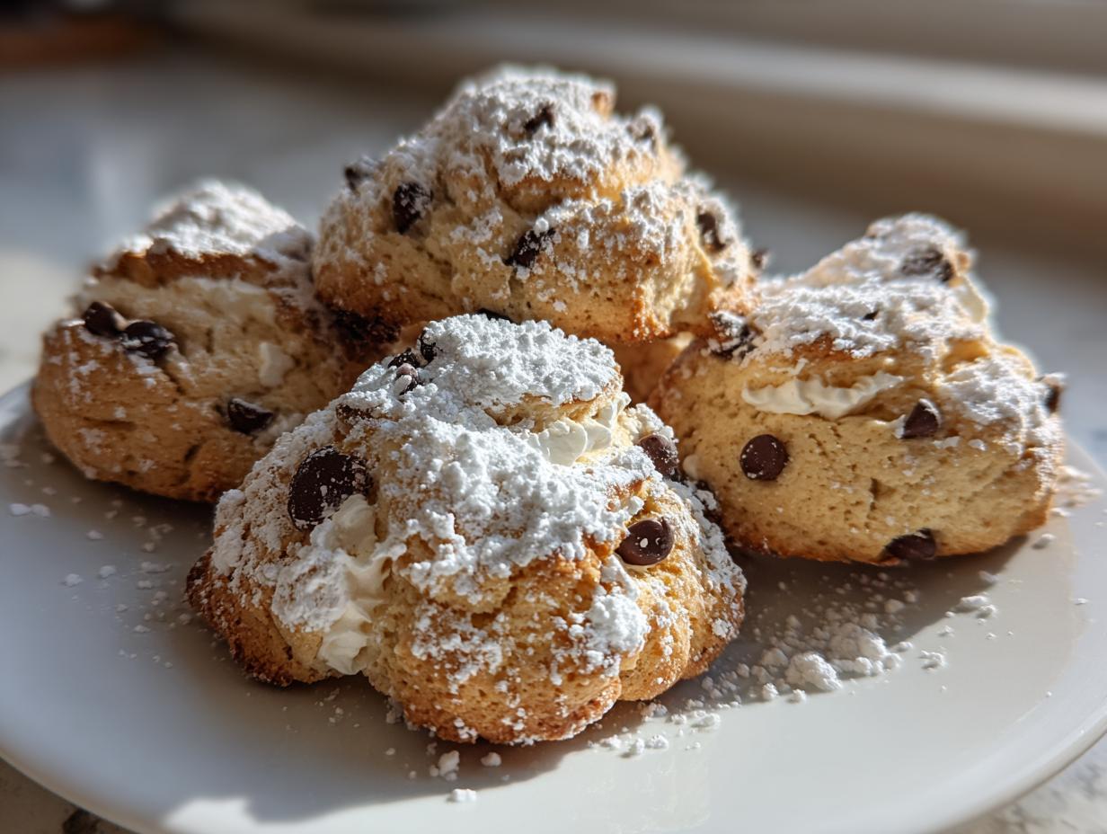 A close-up of four freshly baked cannoli cookies studded with chocolate chips and dusted heavily with powdered sugar.