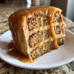 A decadent slice of layered caramel cake topped with thick caramel frosting and dripping caramel sauce.