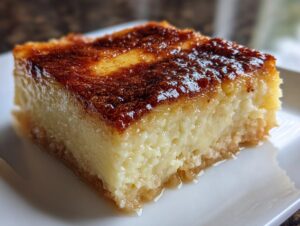 Close-up of a moist slice of cassava cake showing its creamy texture and dark, caramelized topping.