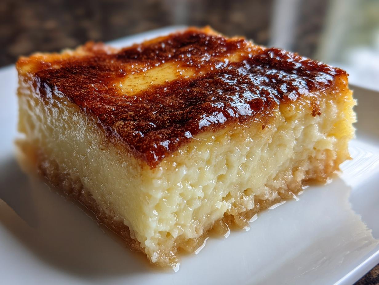 Close-up of a moist slice of cassava cake showing its creamy texture and dark, caramelized topping.