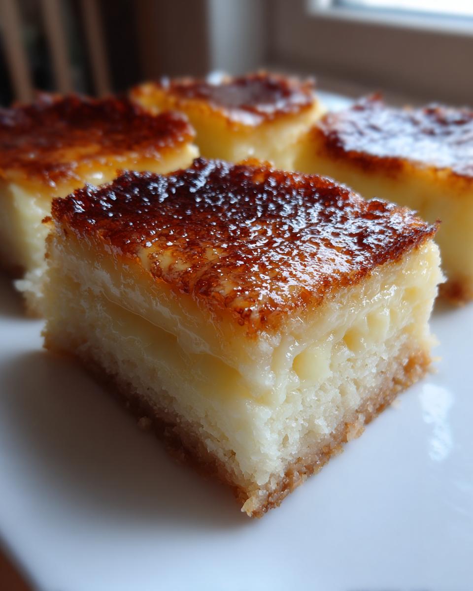 A close-up of a square piece of moist cassava cake with a creamy layer and a caramelized, golden-brown top.