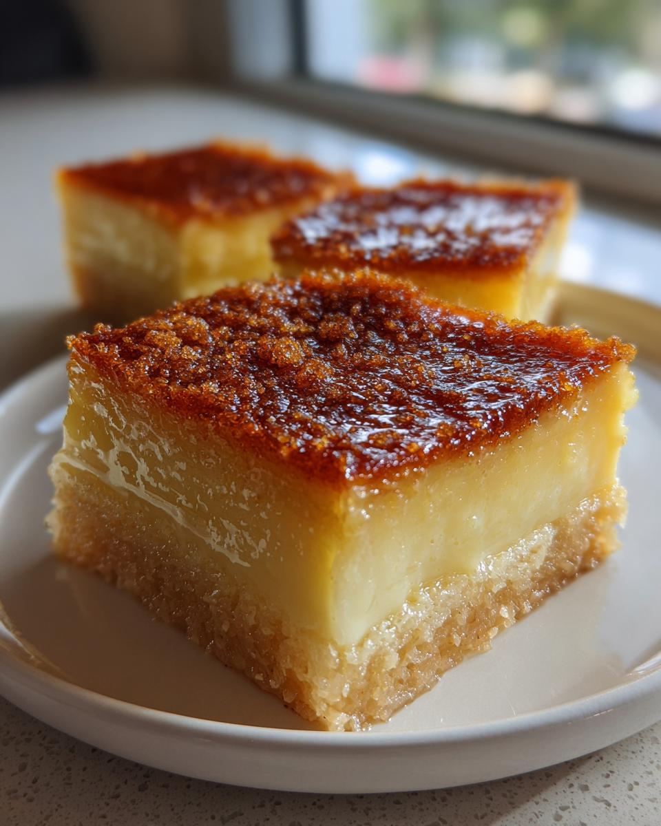 Close-up of a square slice of amazing cassava cake featuring a creamy yellow layer and a dark, caramelized, sugary topping.