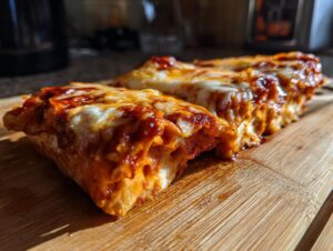 Close-up of two servings of cheesy, saucy cheese enchiladas resting on a wooden cutting board.