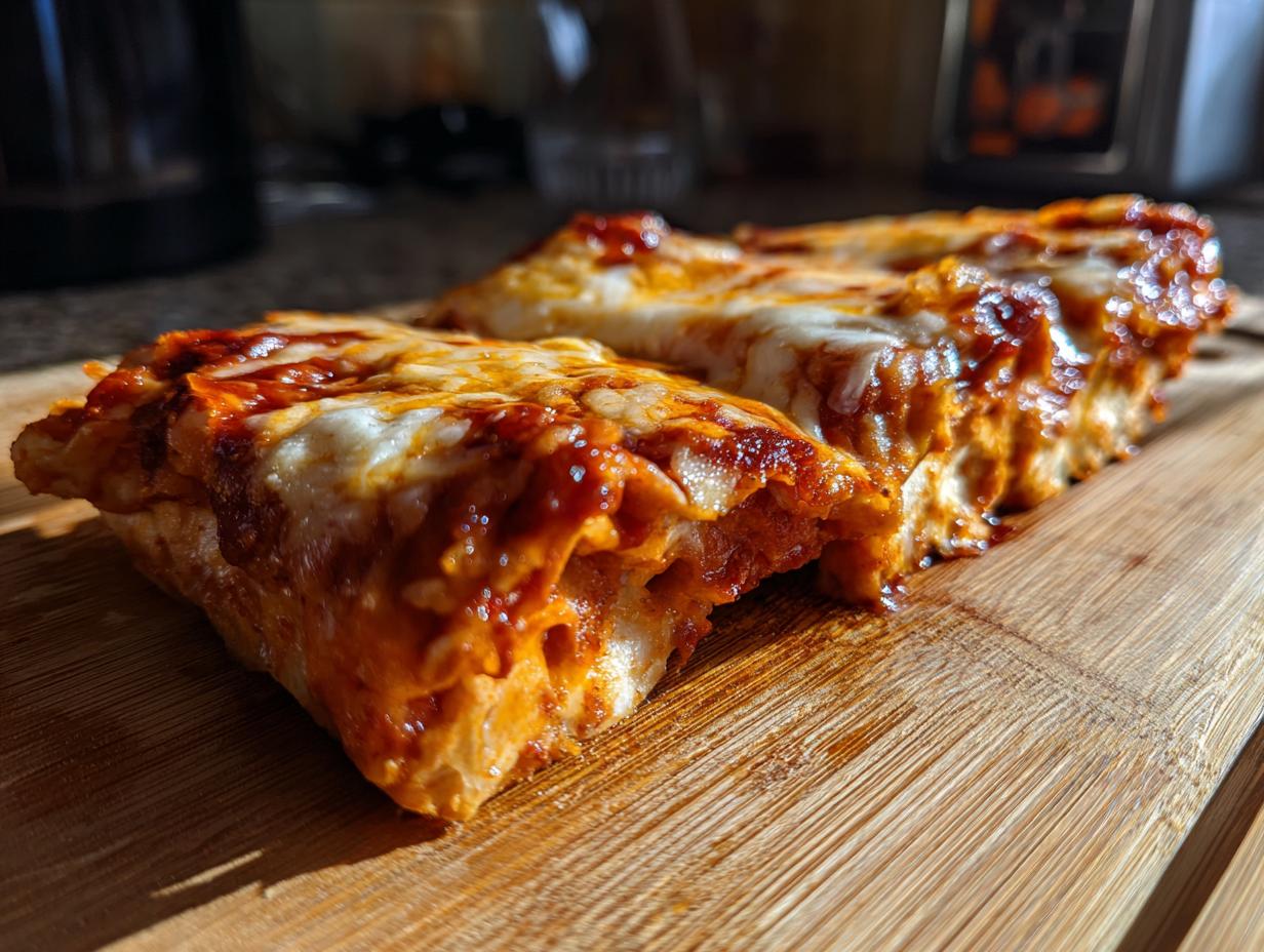 Close-up of two servings of cheesy, saucy cheese enchiladas resting on a wooden cutting board.