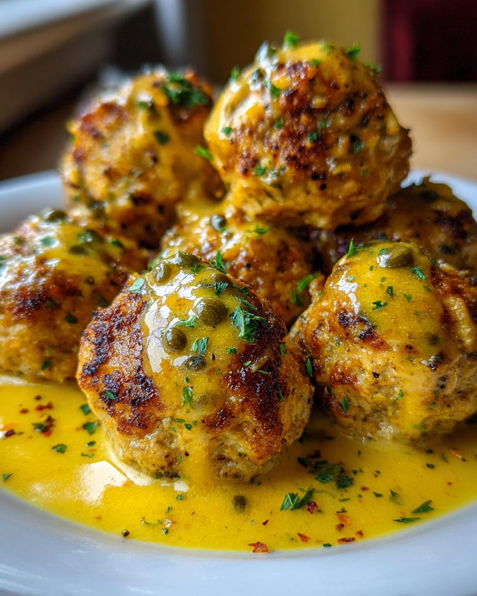 Close-up of golden-brown chicken piccata meatballs covered in a bright lemon-caper sauce and fresh parsley.