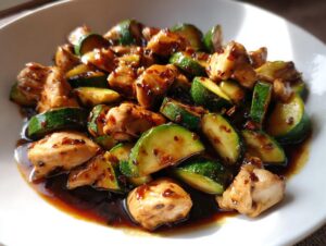 Close-up of juicy chicken zucchini stir fry coated in a glossy, dark sauce with chili flakes.