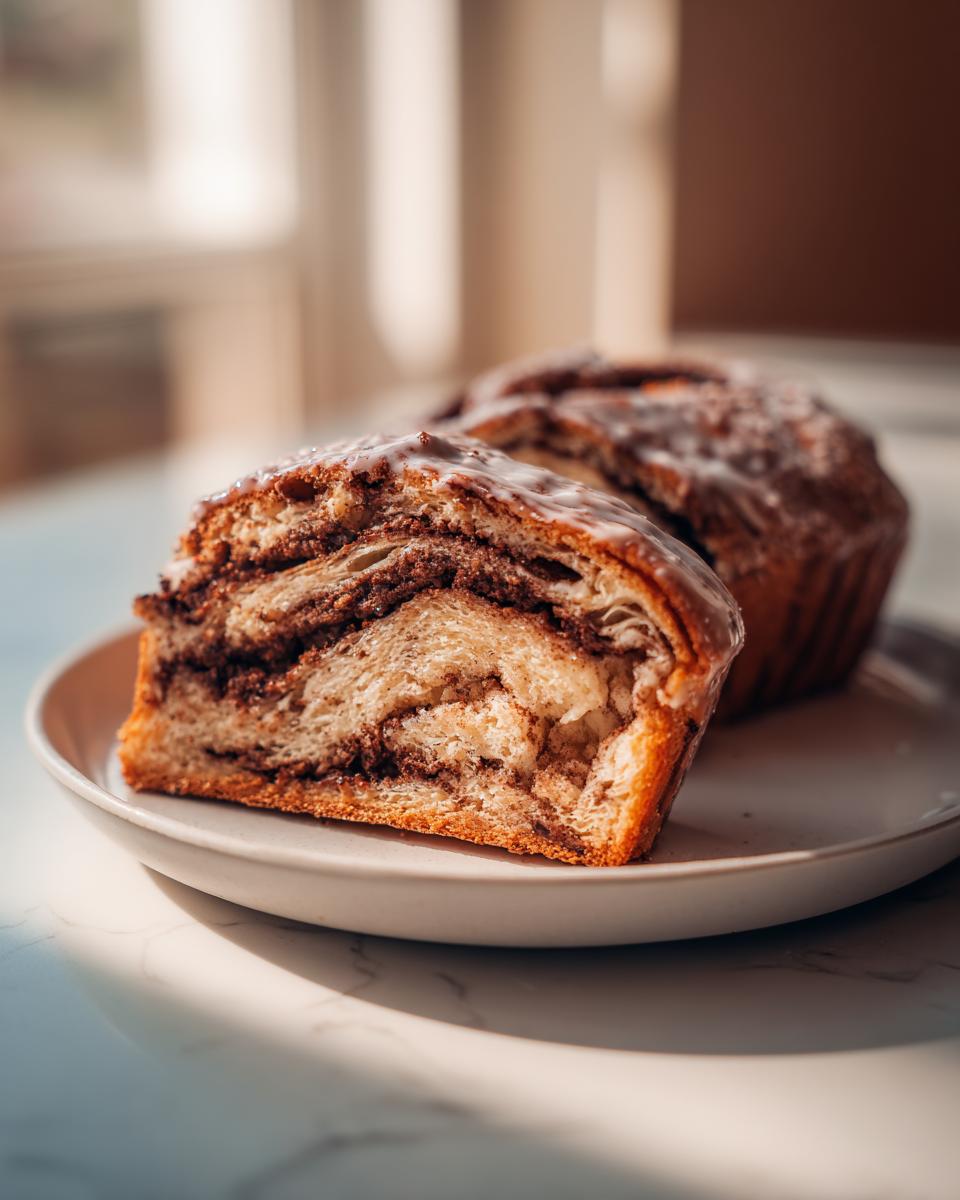 Close-up of a thick slice of amazing chocolate babka showing the rich swirl pattern and sweet glaze.