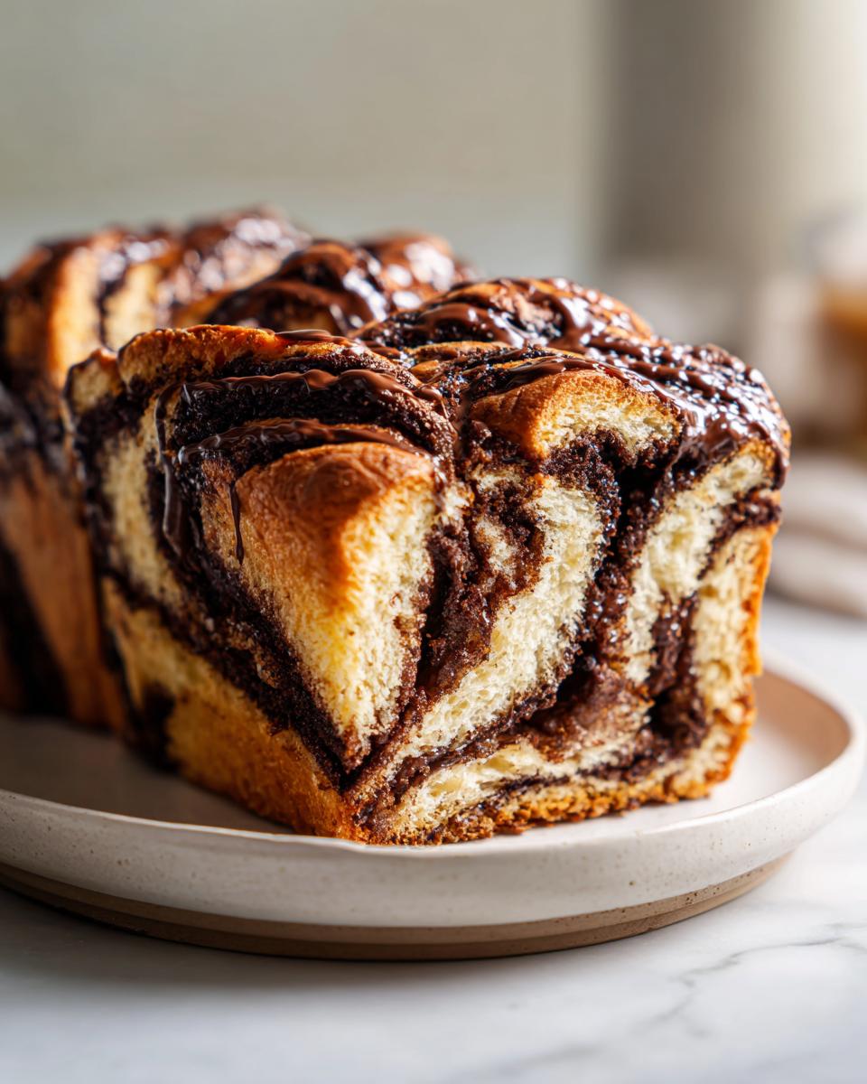 A close-up slice of amazing chocolate babka showing rich, dark chocolate swirls in golden bread, drizzled with glaze.