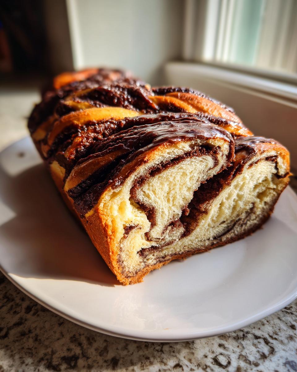 A close-up, sunlit view of a sliced chocolate babka loaf showing the rich, swirled chocolate filling and soft dough.