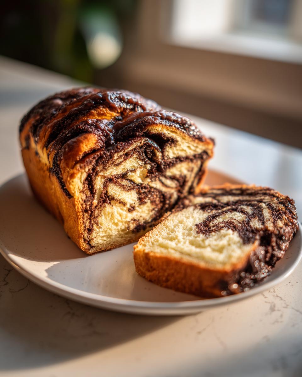 A loaf of homemade chocolate babka with a slice cut off, showing rich chocolate swirls in the sweet bread.