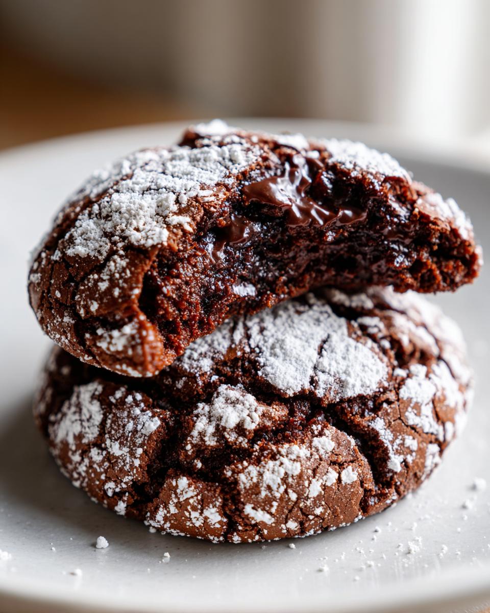 Close-up of two amazing chocolate crinkle cookies stacked, one broken open revealing a gooey, melted chocolate center.