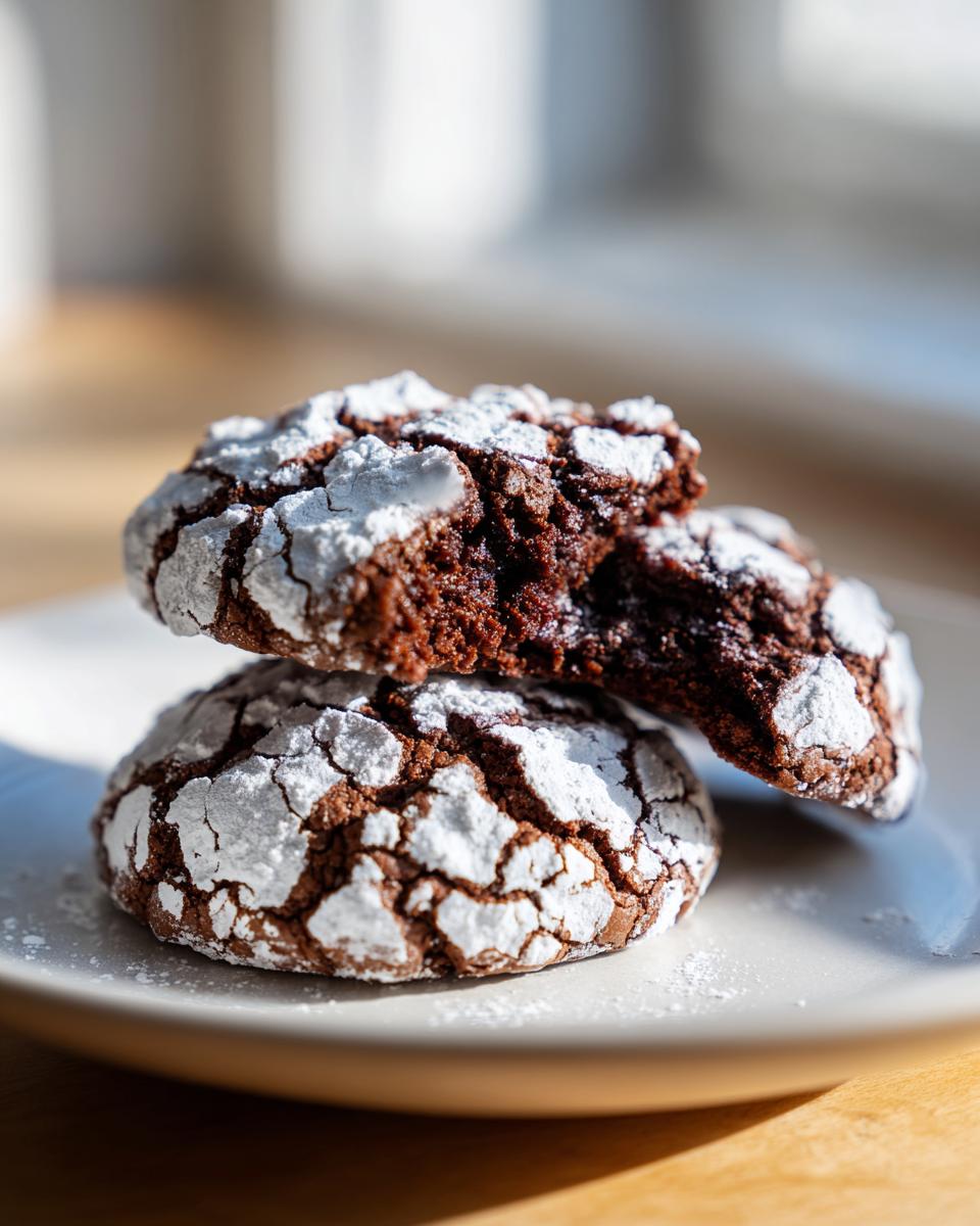 Close-up of two rich, dark chocolate crinkle cookies dusted with powdered sugar, one broken open.