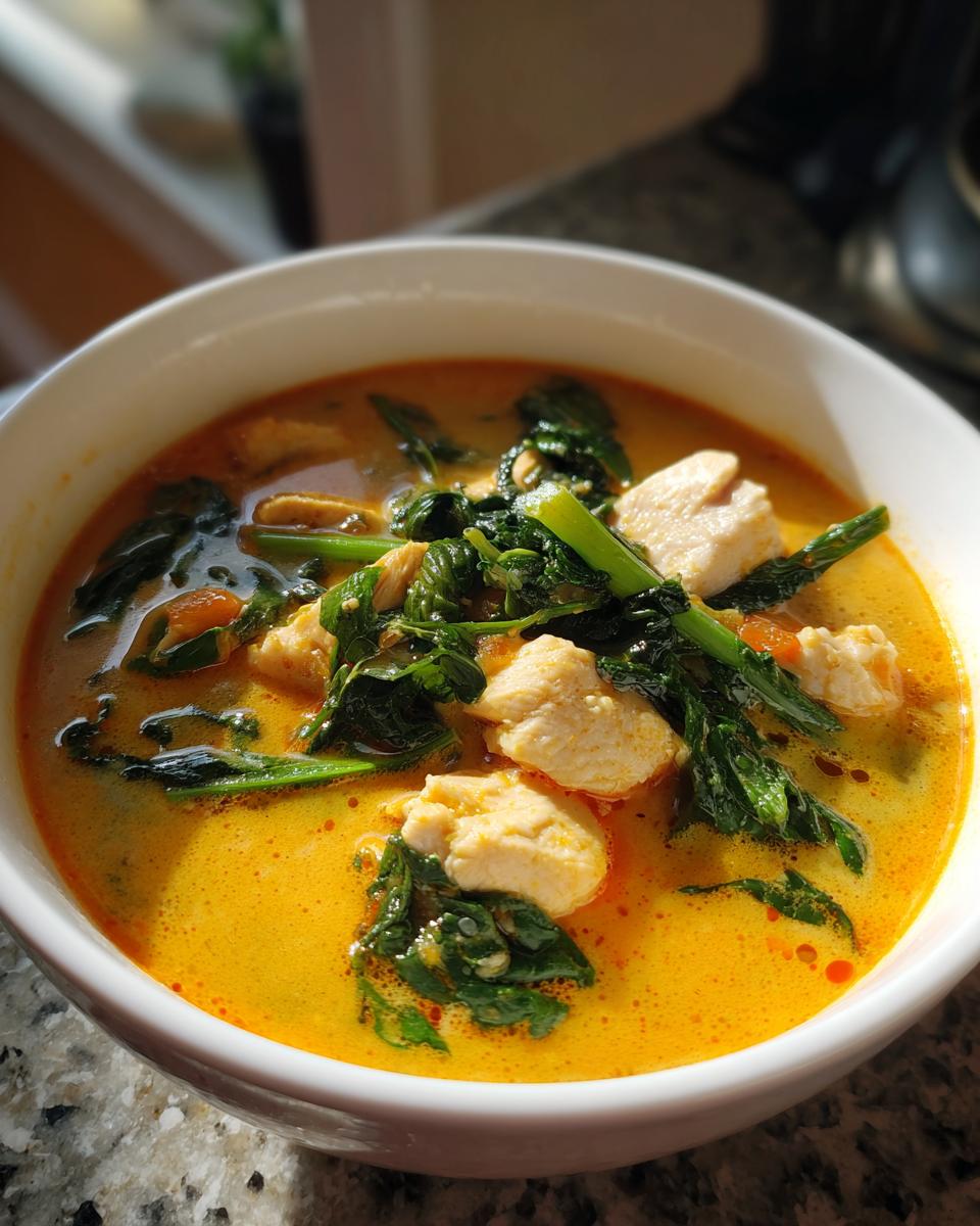 Close-up of a white bowl filled with vibrant yellow coconut curry soup, featuring chunks of chicken and wilted green spinach.