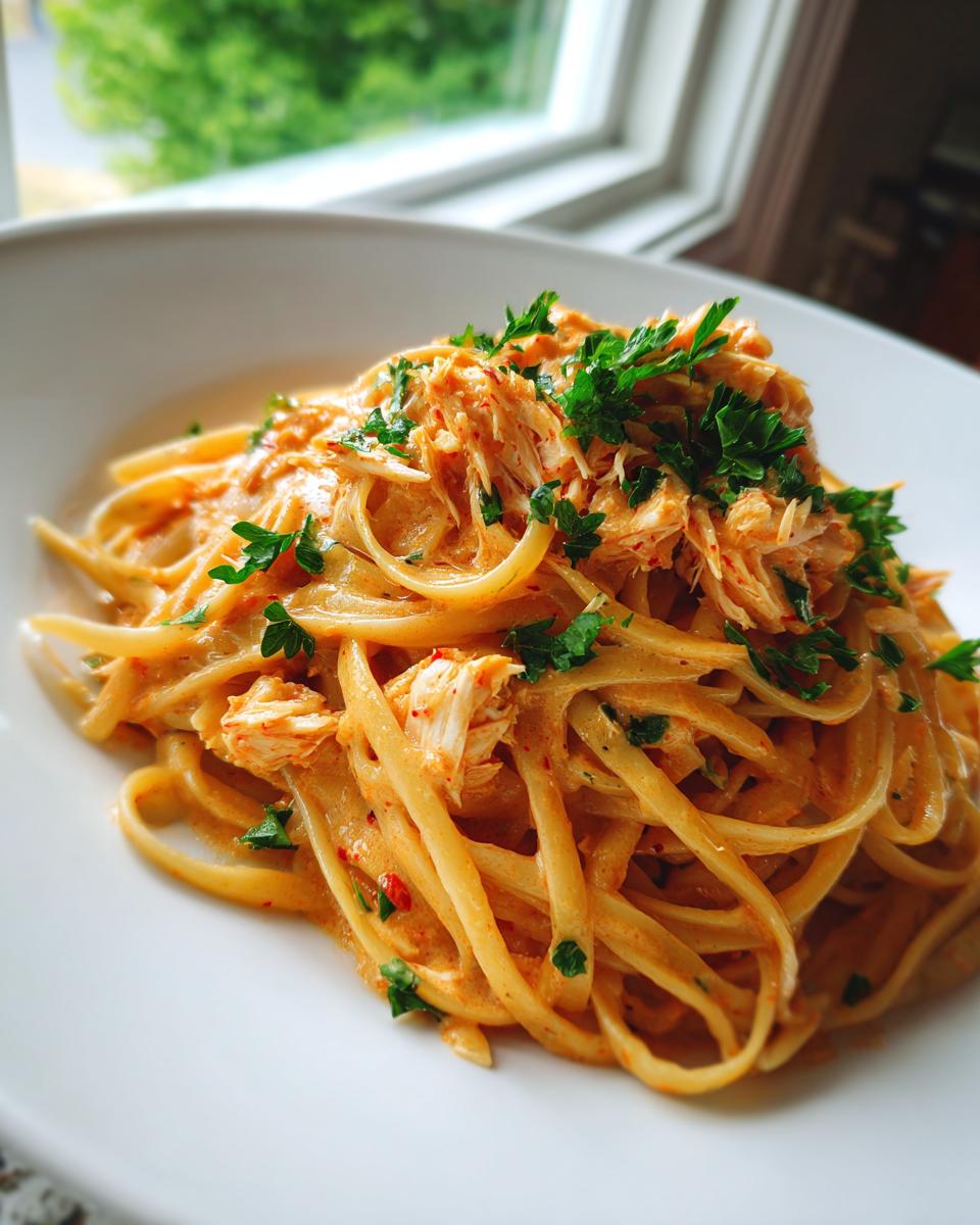 Close-up of a serving of creamy crab pasta, topped with shredded crab meat and fresh parsley.