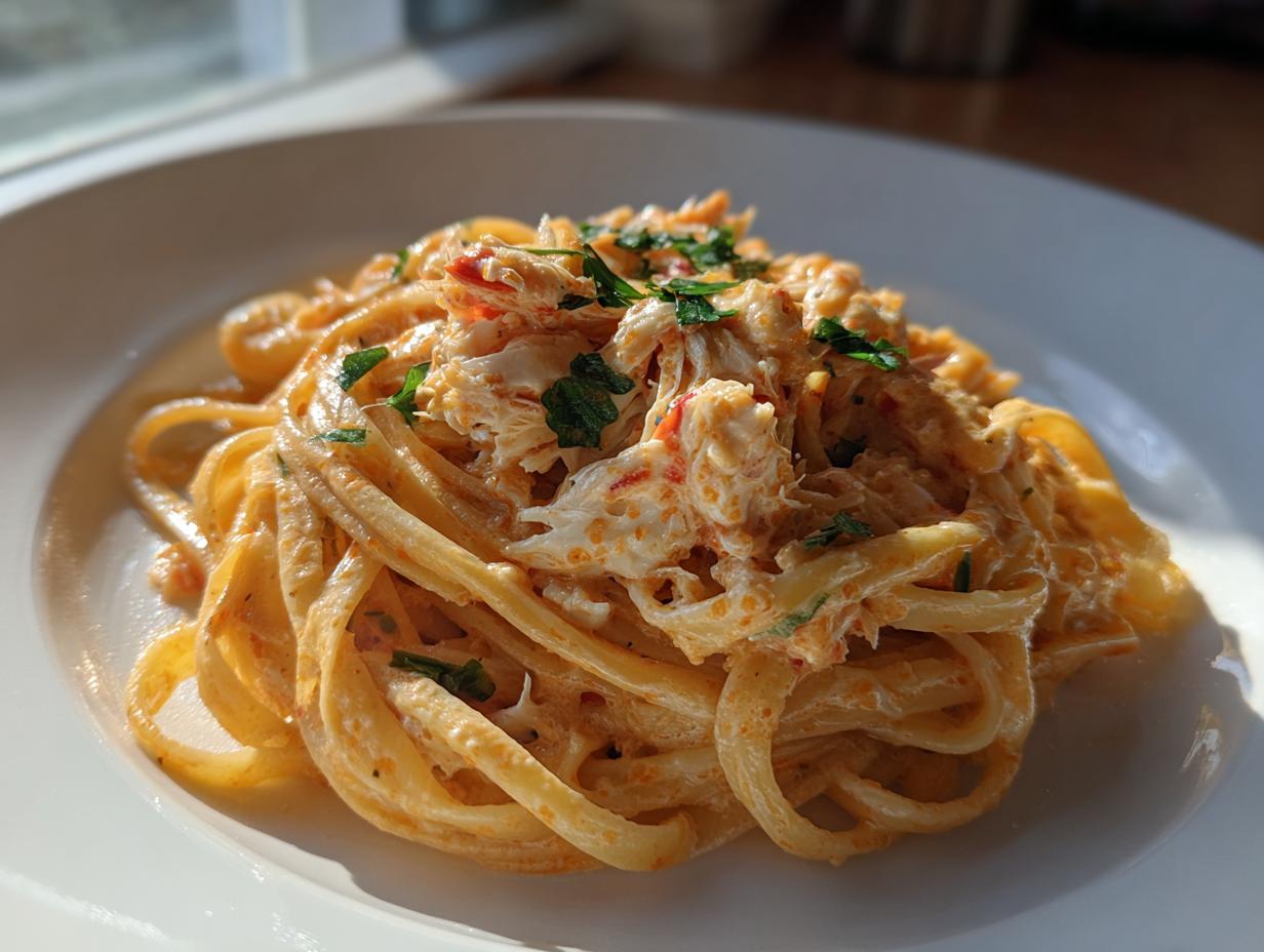 Close-up of a serving of creamy crab pasta tossed with linguine and topped with flaked crab meat and fresh parsley.