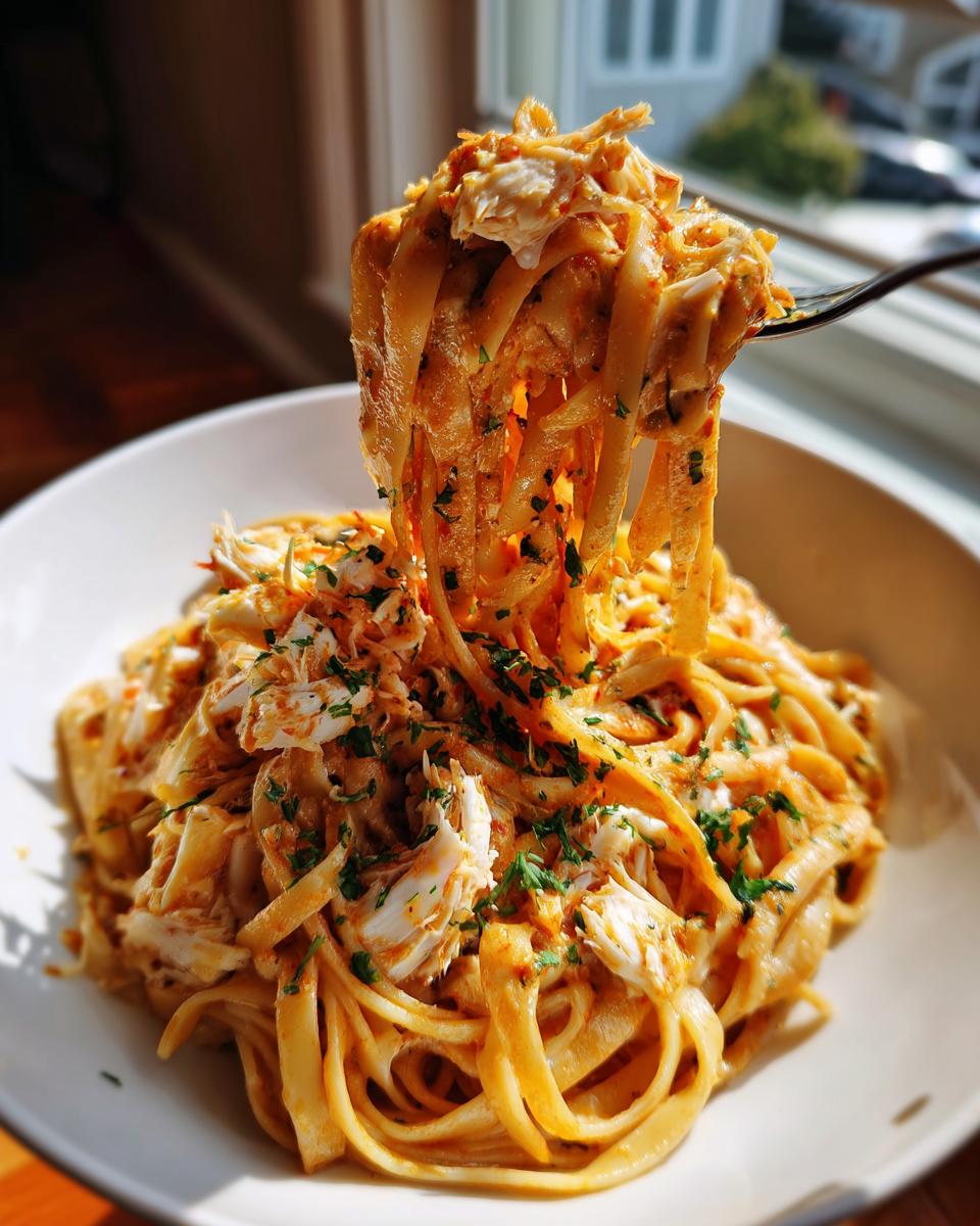 A fork lifts a generous portion of creamy crab pasta, topped with shredded crab meat and parsley.
