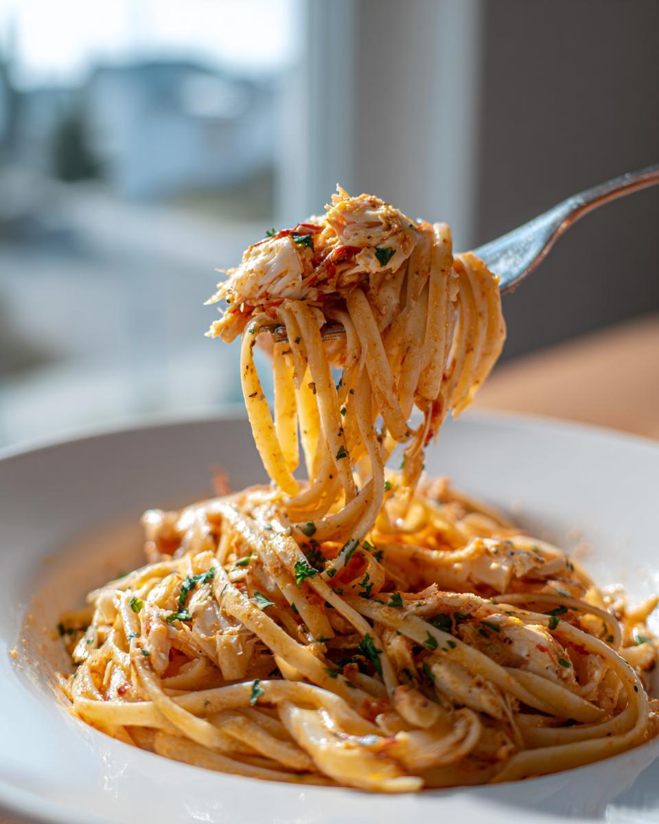 A fork lifts a generous portion of creamy crab pasta, topped with shredded crab meat and parsley, from a white bowl.