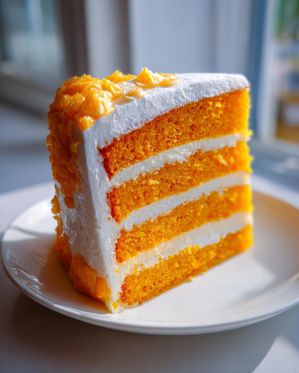 A tall, vibrant slice of Creamsicle Cake featuring four layers of bright orange cake separated by white frosting.