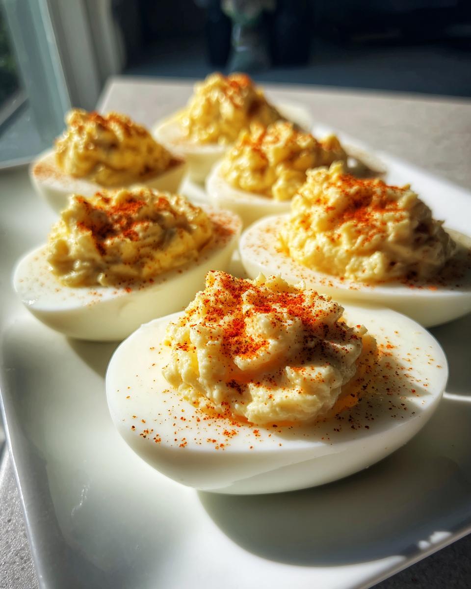 A close-up of several creamy deviled eggs piled high with filling and sprinkled with paprika, ready to serve.