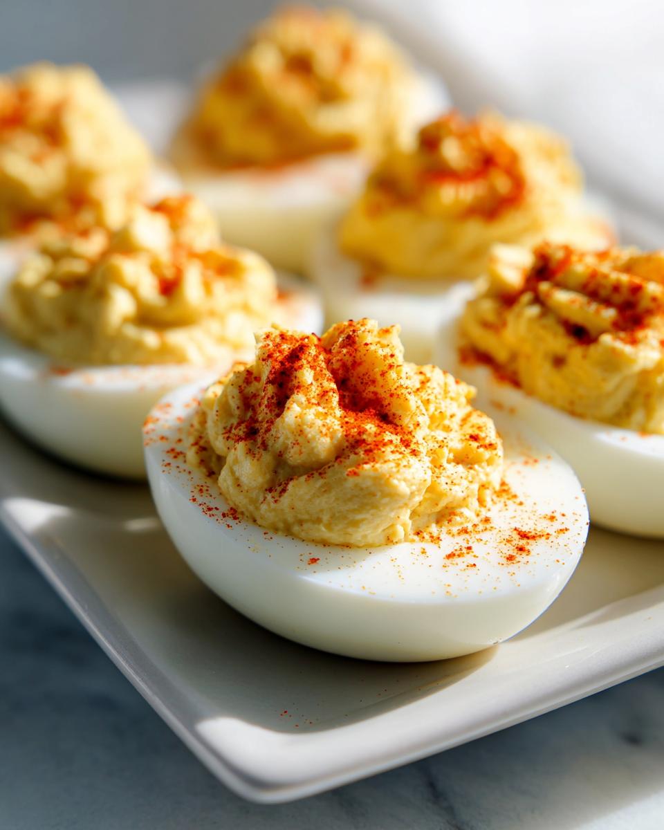 Close-up of creamy deviled eggs piled high with filling and sprinkled with bright red paprika.