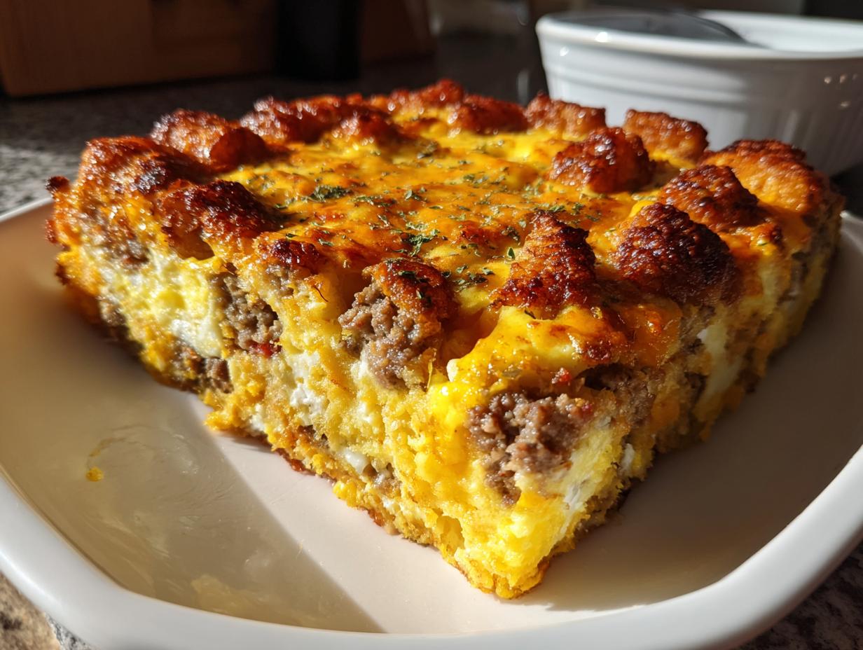 A thick, golden slice of sausage and cheese egg bake, featuring a crispy top crust, served on a white dish.