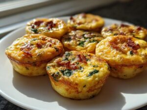 A plate of freshly baked, golden brown egg bites made with egg, bacon, and spinach, catching morning sunlight.