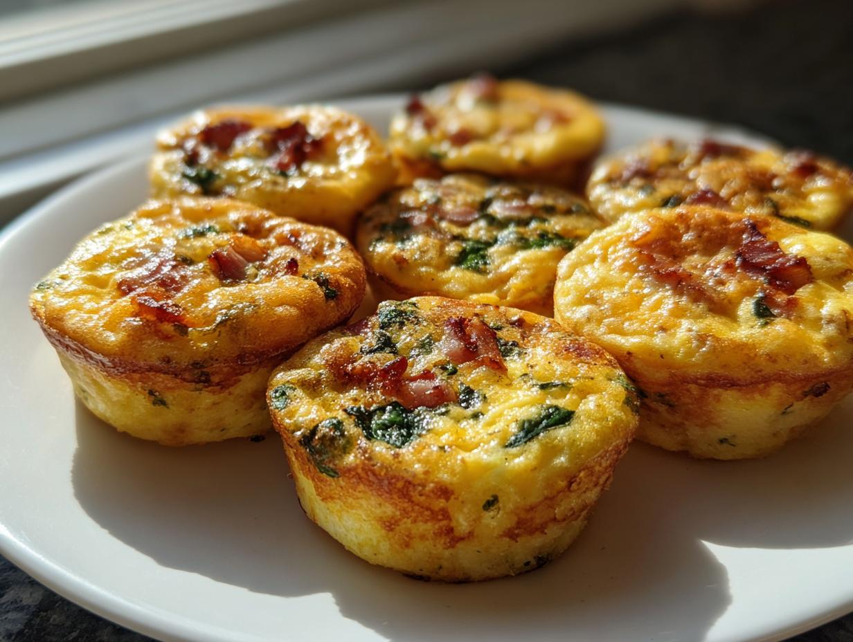A plate of freshly baked, golden brown egg bites made with egg, bacon, and spinach, catching morning sunlight.